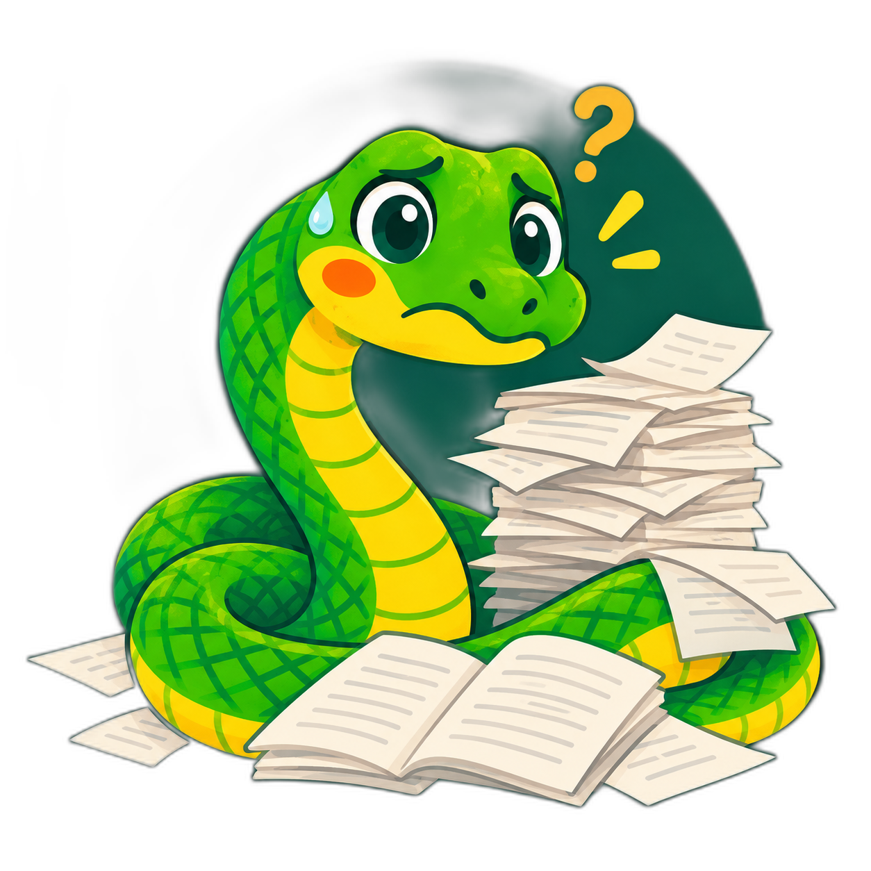 Mascot rắn bối rối giữa chồng đề thi
