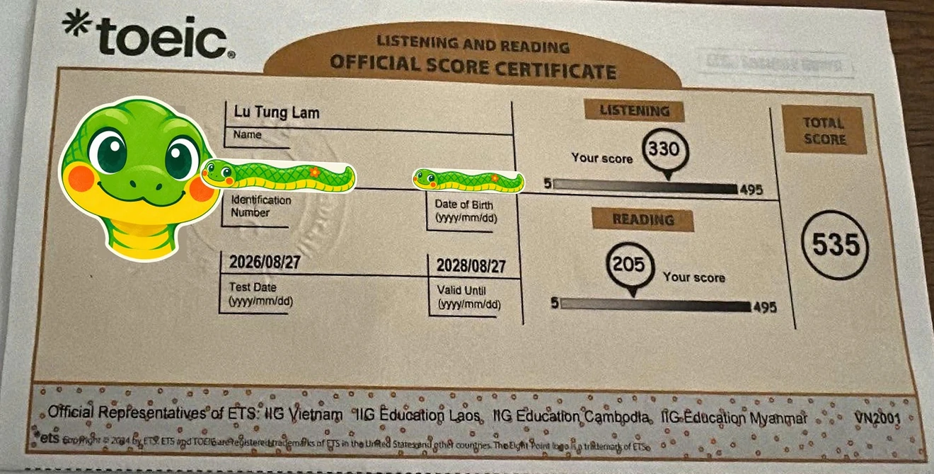 Phiếu điểm TOEIC 535/990 của Bạn Lữ Tùng Lâm