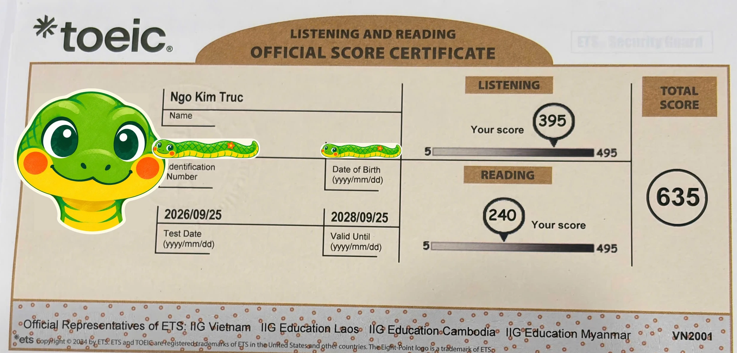 Phiếu điểm TOEIC 635/990 của Bạn Ngô Kim Trúc