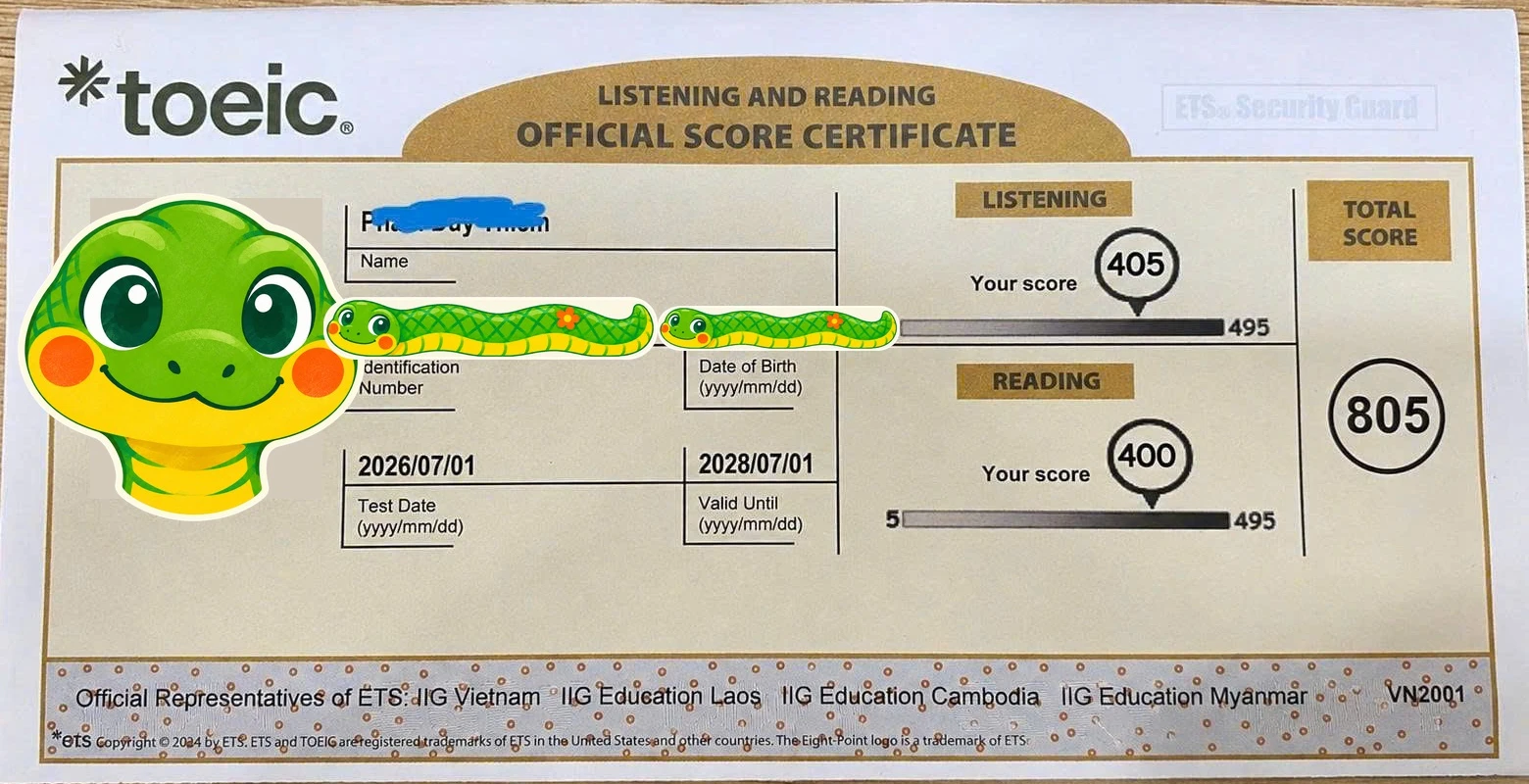 Phiếu điểm TOEIC 805/990 của Học viên Lộ trình 10 Ngày