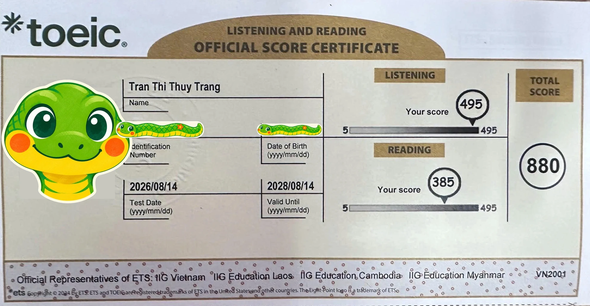 Phiếu điểm TOEIC 880/990 của Bạn Trần Thị Thùy Trang