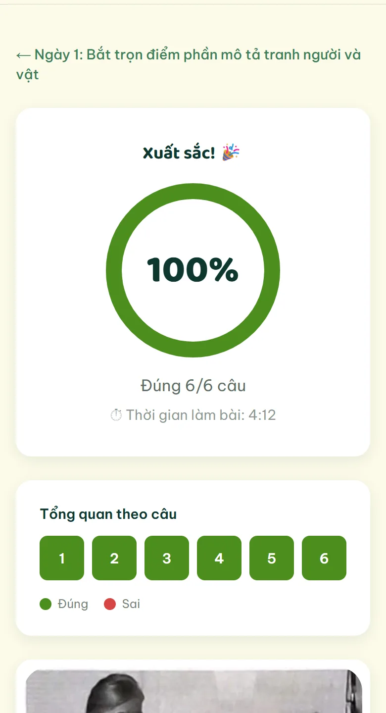 Màn kết quả bài tập trên điện thoại: đúng 6/6 câu, 100%