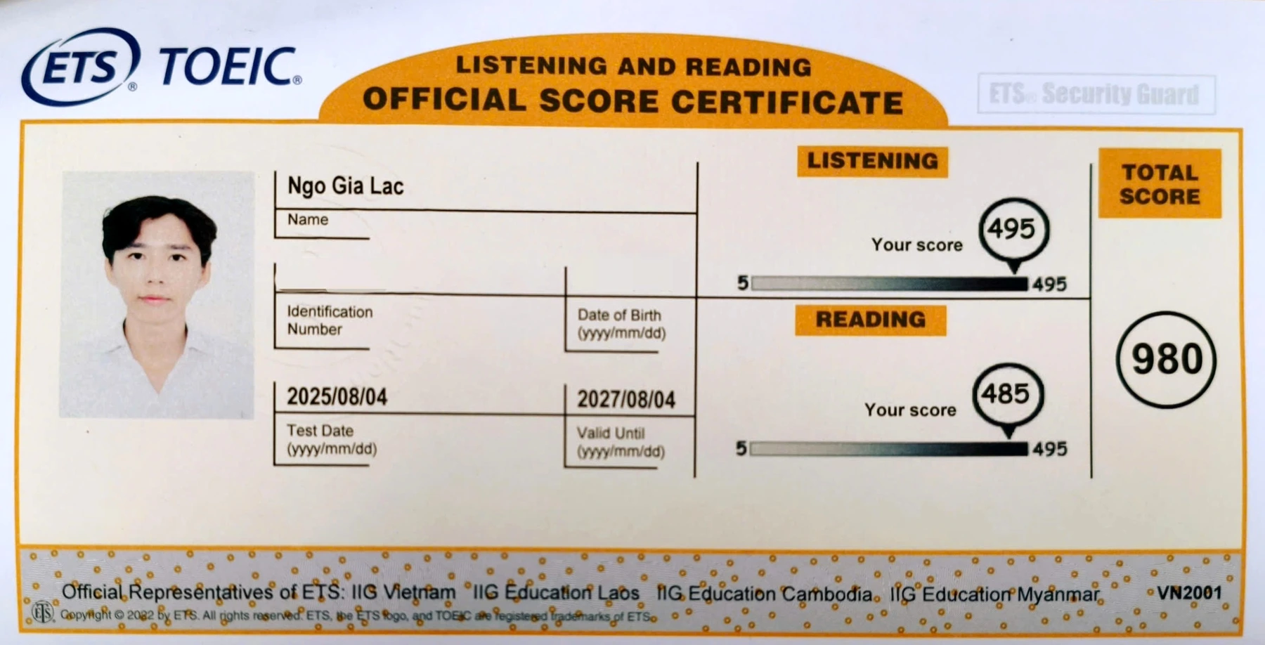 Thumbnail phiếu điểm TOEIC 980
