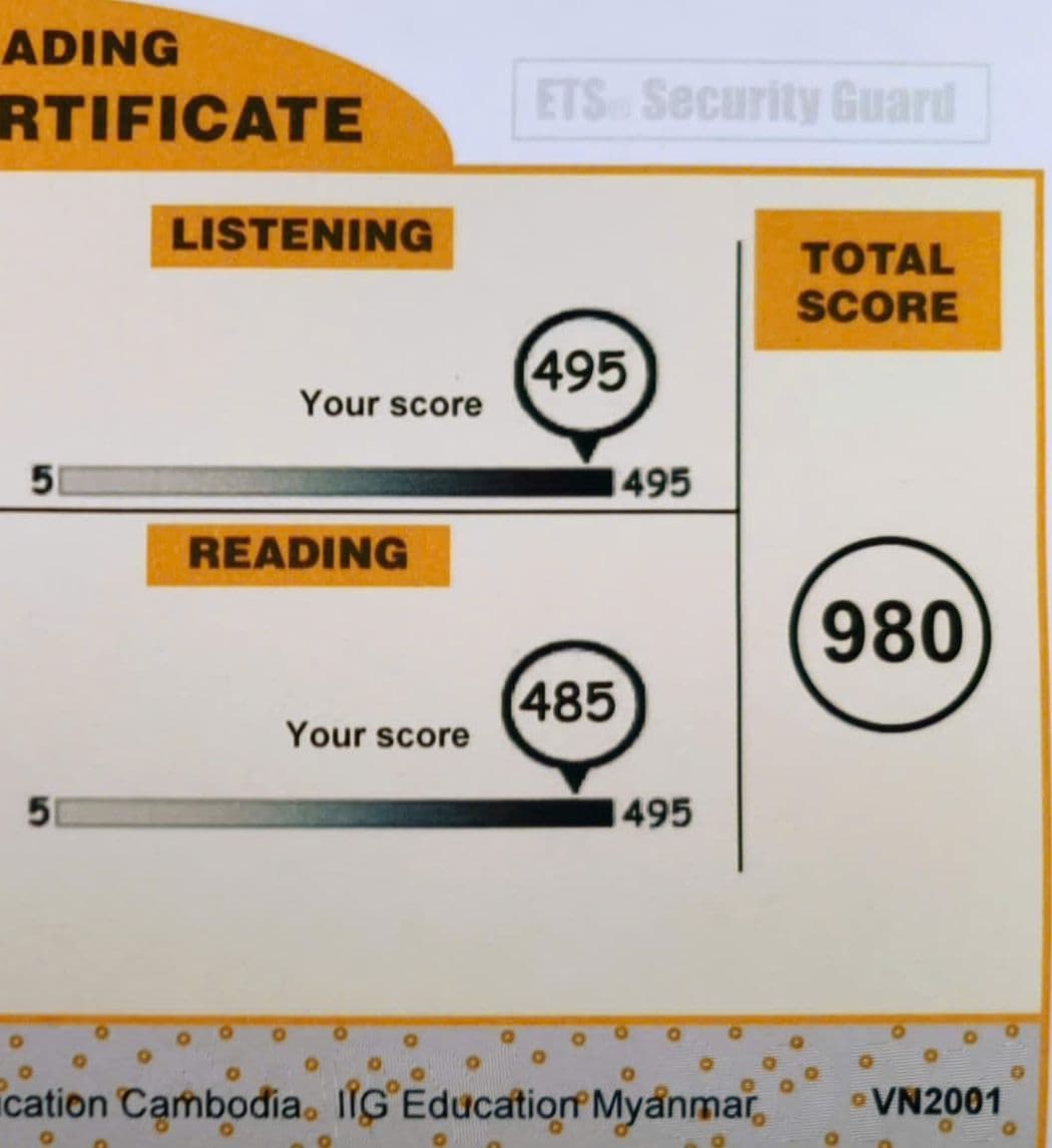 Chứng chỉ điểm TOEIC 980