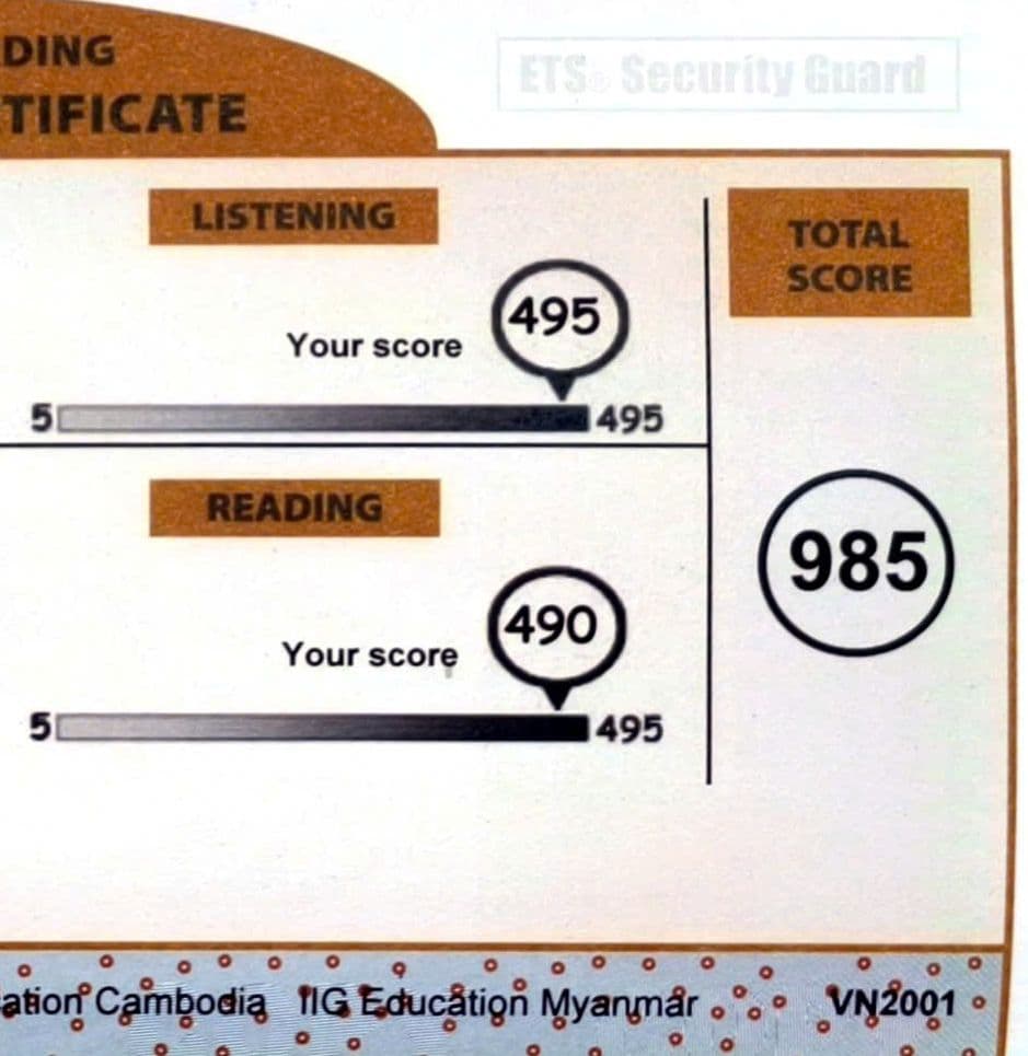 Chứng chỉ điểm TOEIC 985